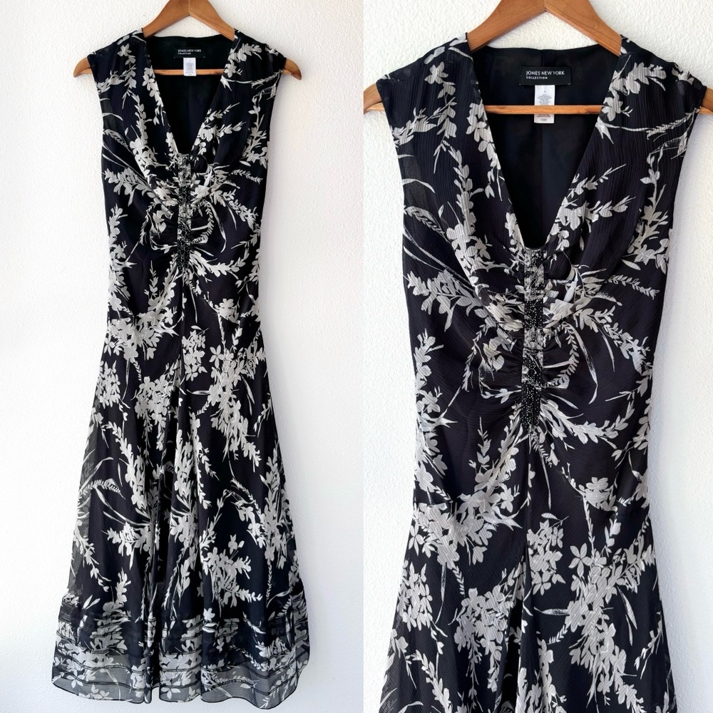 Vintage 2000’s Jones New York Black & Grey Silk Floral Midi Dress 8 M Grunge
